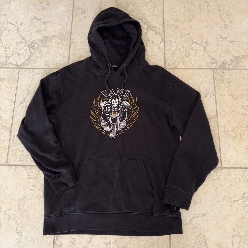 Vans Off The Wall Hoodie Skeleton Motorcycle Bike Mens XL Black Skater Spots
